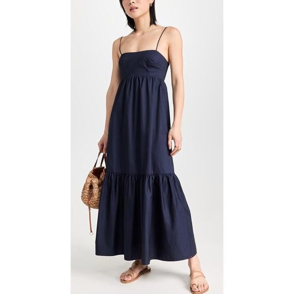 XIRENA Freya Dress Navy Blue Cotton Smocked Maxi Ruffle Hem Tuckernuck - Picture 4 of 14